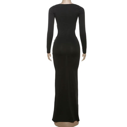 Long sleeve u neck hollow out cut out maxi dress