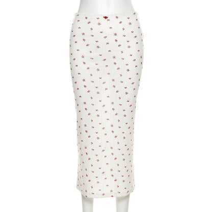 Flower print u neck sleeveless low rise lace hem midi skirt set