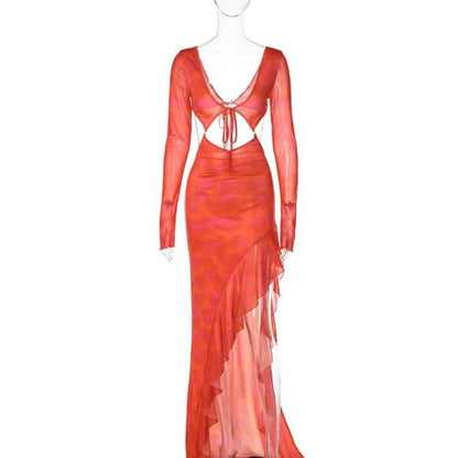 Long sleeve solid mesh slit v neck ruffle hollow out cut out maxi dress-final-sale