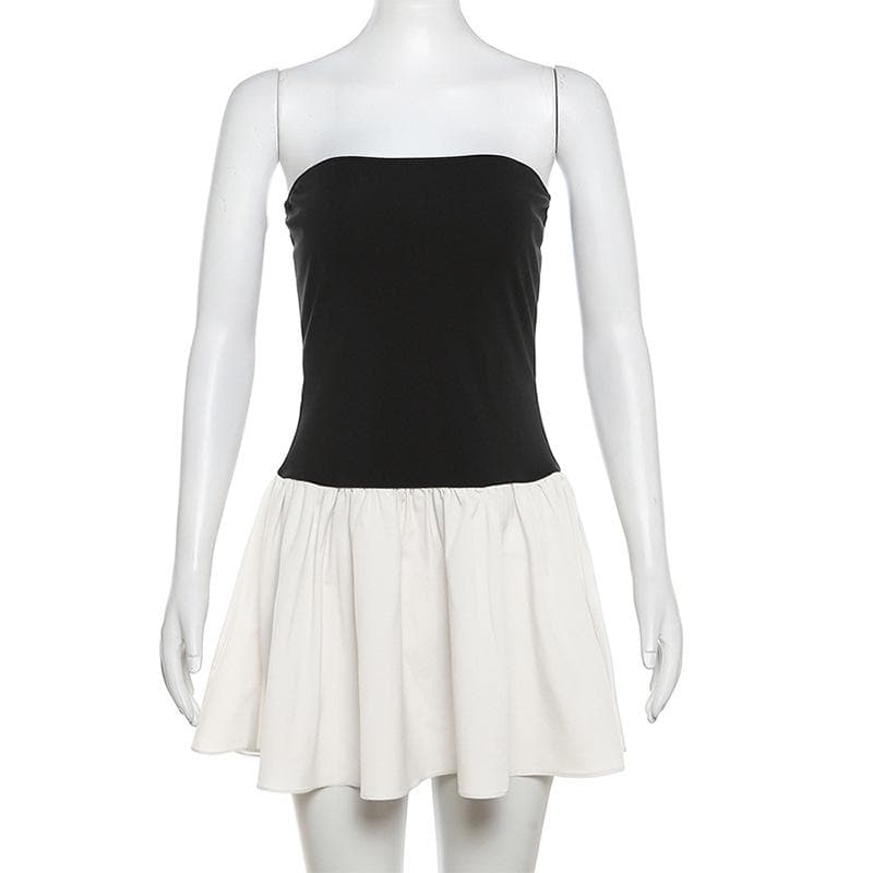 Ruched backless contrast sleeveless tube mini dress