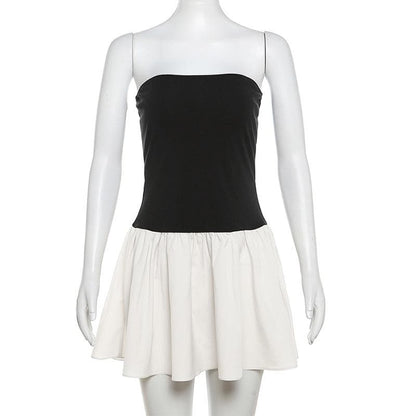 Ruched backless contrast sleeveless tube mini dress