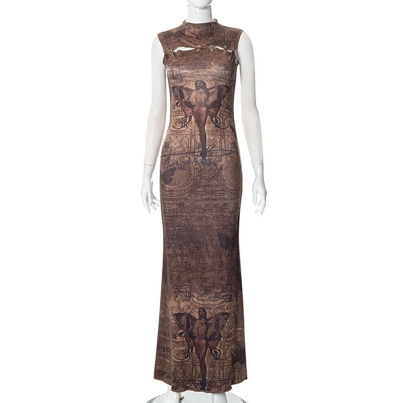 Abstract print hollow out stitch sleeveless cut out midi dress