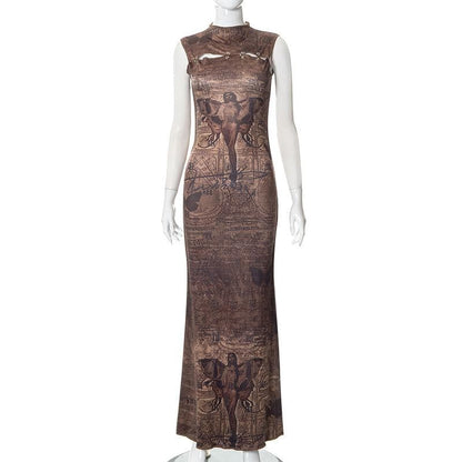 Abstract print hollow out stitch sleeveless cut out midi dress