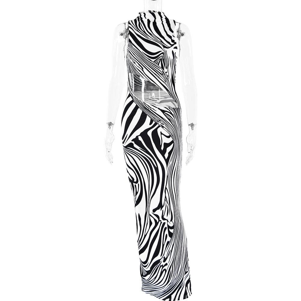 Zebra print hollow out high neck cut out maxi dress