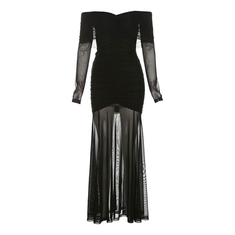 Long sleeve off shoulder ruched mesh maxi dress