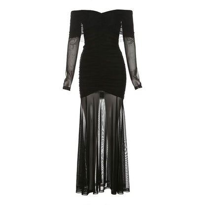 Long sleeve off shoulder ruched mesh maxi dress