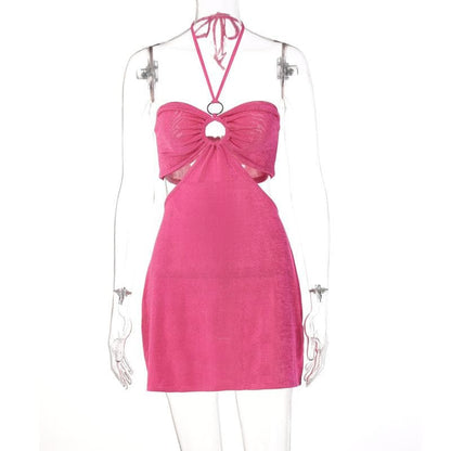 Halter O-Ring Cutout Side Waist Textured Bodycon Mini Dress