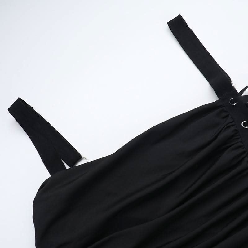 Square neck lace up ruched hollow out cut out midi dress