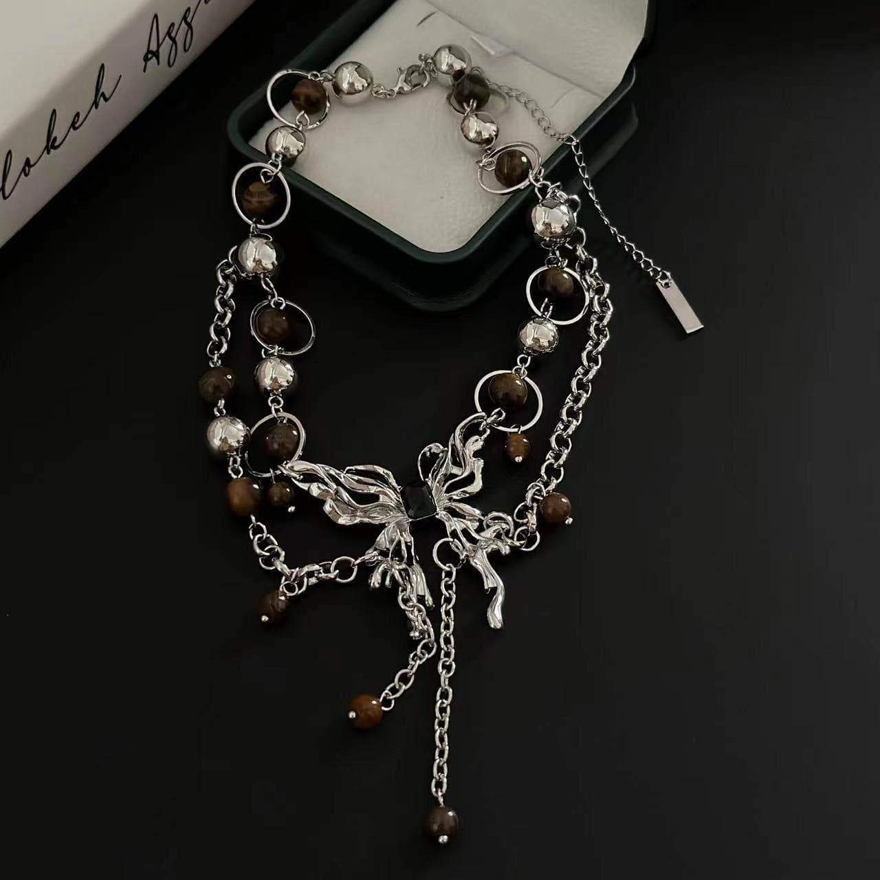 Butterfly beaded o ring layered choker necklace