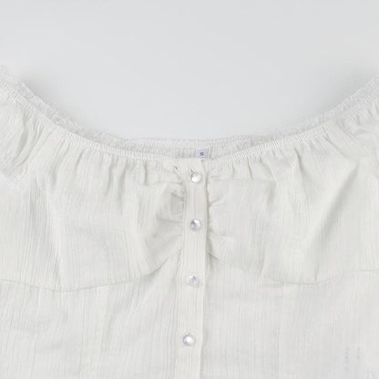 Off shoulder ruched button ruffle top