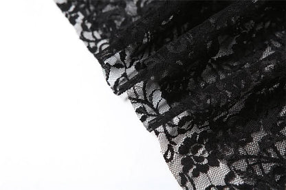 Lace mesh patchwork ruched ruffle midi skirt