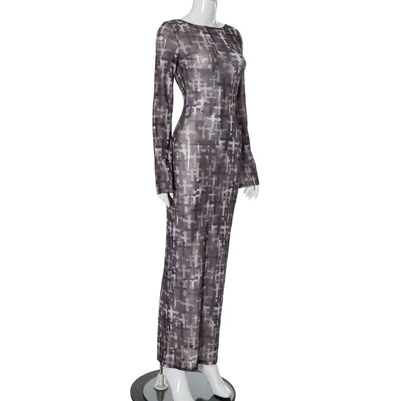 Long sleeve cross print sheer mesh backless maxi dress