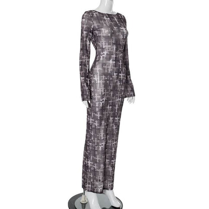 Long sleeve cross print sheer mesh backless maxi dress