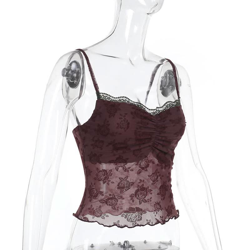 Lace hem ruched flower pattern mesh cami top