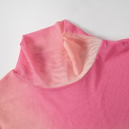 Long sleeve high neck print sheer mesh contrast top
