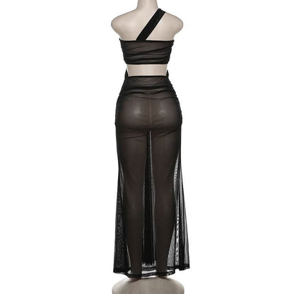 One shoulder mesh hollow out cut out maxi dress-final-sale