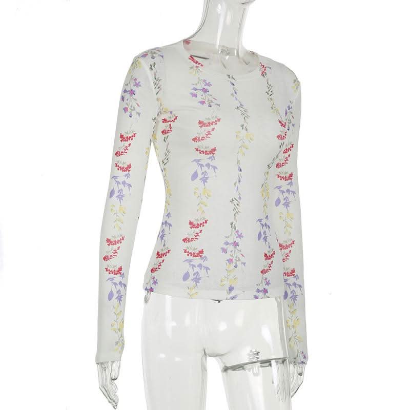 Crewneck long sleeve flower print top