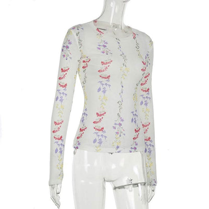 Crewneck long sleeve flower print top