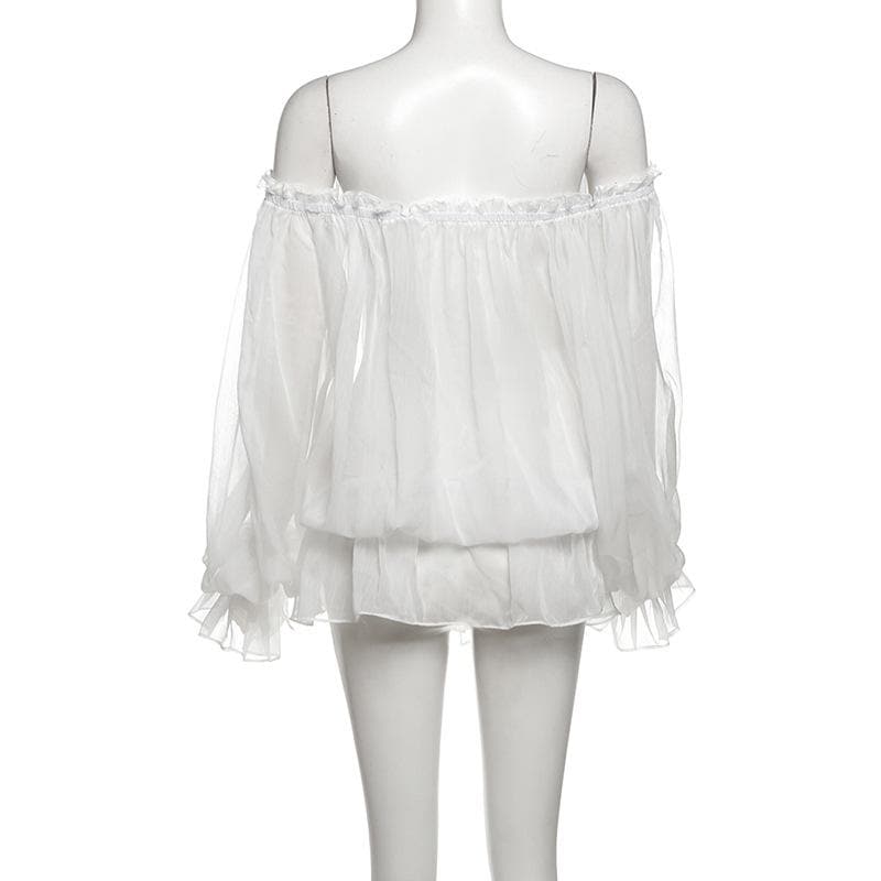 One shoulder chiffon long sleeve ribbon top