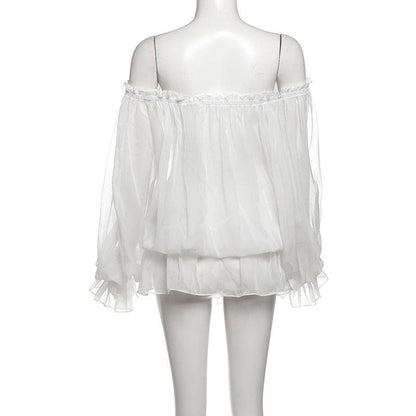 One shoulder chiffon long sleeve ribbon top