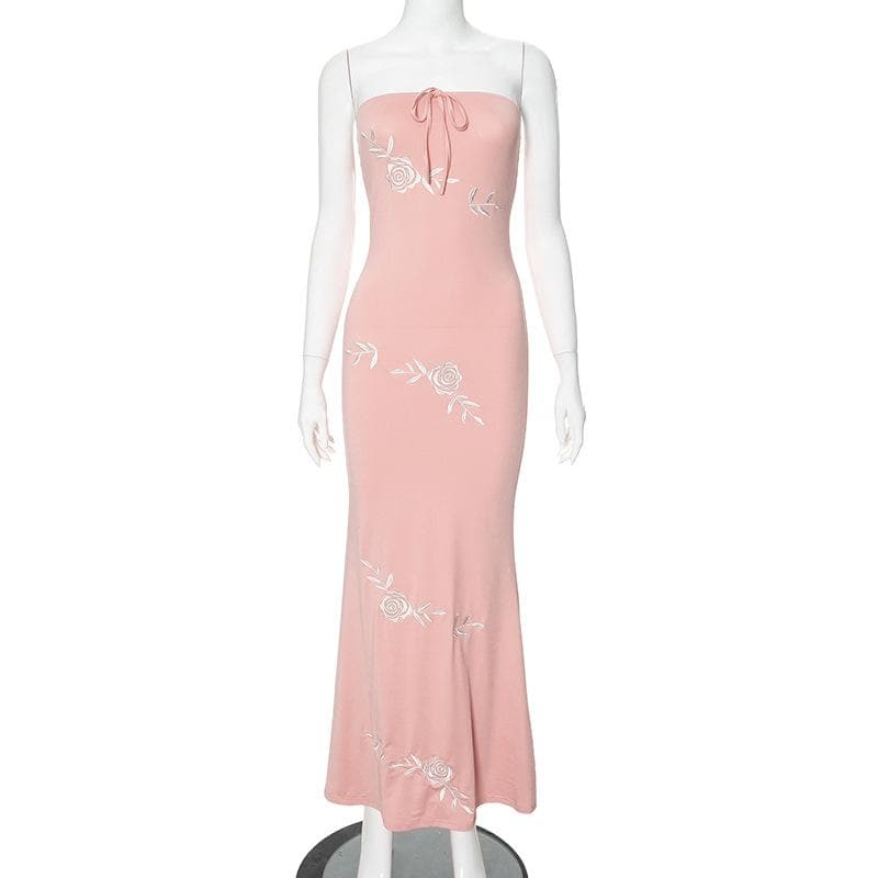 Rose embroidery self tie tube maxi dress
