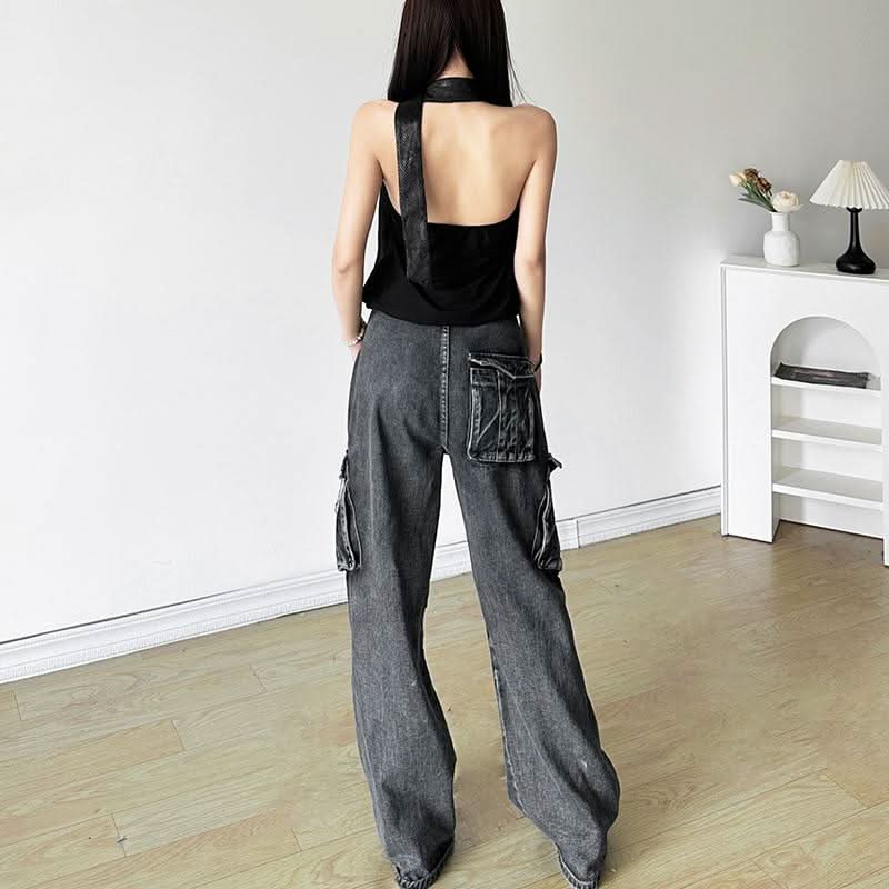 Halter button self tie backless cowl neck solid top