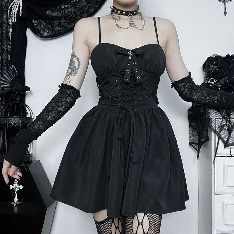 Smocked bowknot lace up cami mini dress