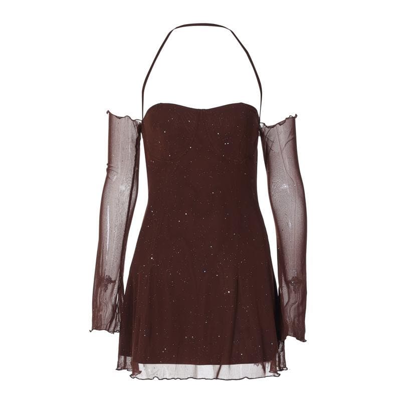 Long sleeve halter mesh glitter off shoulder mini dress