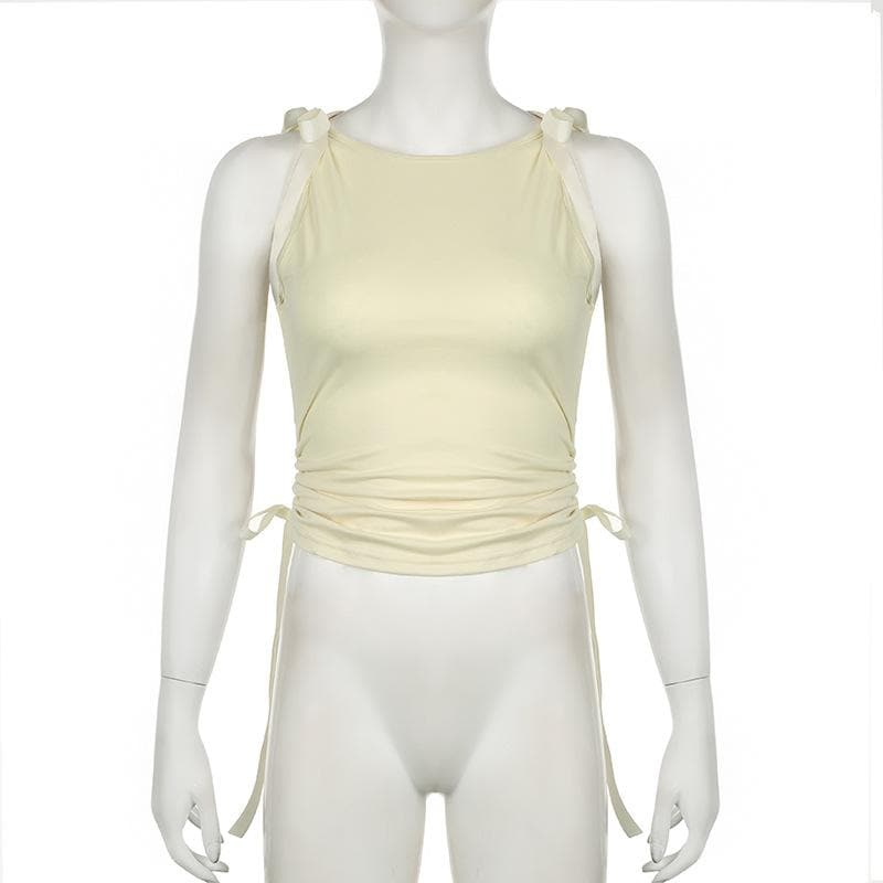 Bowknot ribbon ruched crewneck crop top