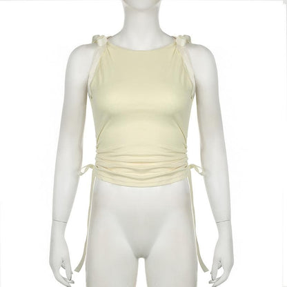 Bowknot ribbon ruched crewneck crop top