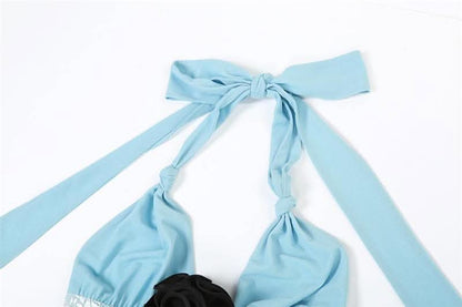 Flower applique contrast v neck lace hem halter backless maxi dress-final-sale