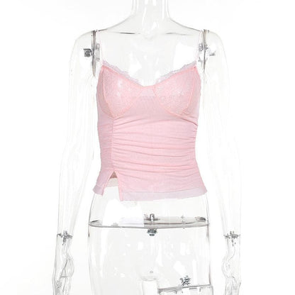 Lace patchwork mesh long sleeve ruched solid shrug cami top