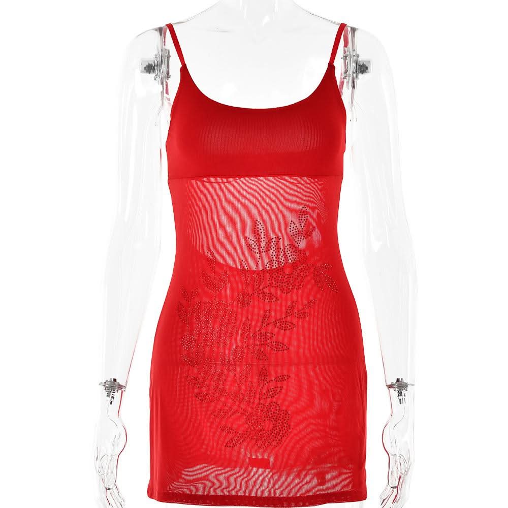 Beaded pattern u neck backless cami mini dress