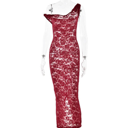 Irregular lace slit see through solid midi dress