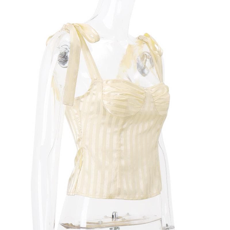 Striped smocked bowknot ribbon cami top
