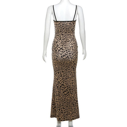 Leopard print hollow out backless cami cut out maxi dress