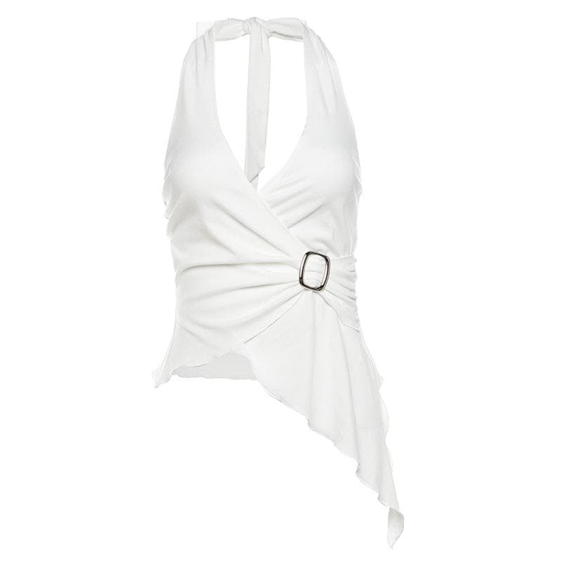 Halter buckle ruffle irregular ruched top
