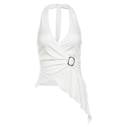 Halter buckle ruffle irregular ruched top