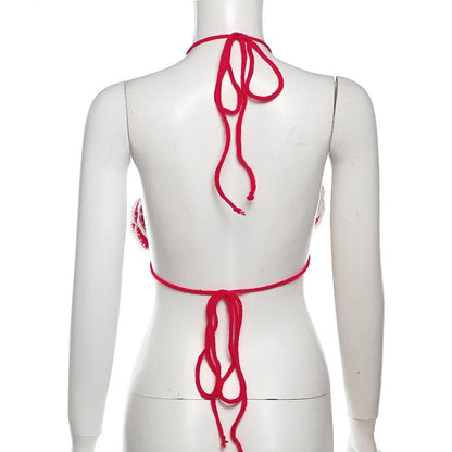 Flower applique beaded v neck self tie bra top