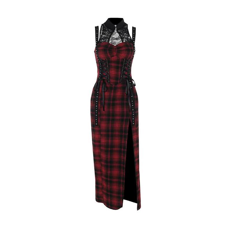Hollow out plaid print lace up lace slit cut out midi dress