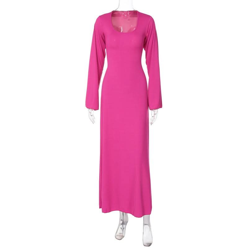 Long sleeve u neck ribbed solid maxi dress