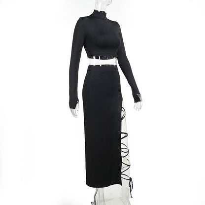 Long sleeve high neck self tie slit maxi skirt set