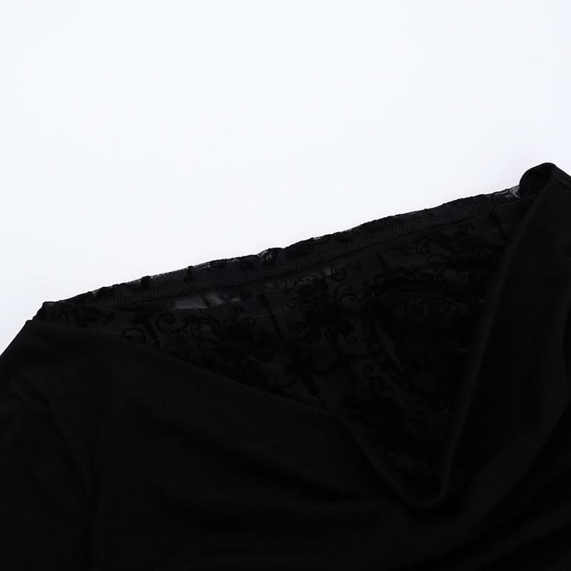 Off shoulder long flared sleeve mesh patchwork top