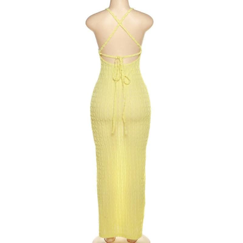 Cross back self tie backless u neck textured solid maxi dress-final-sale