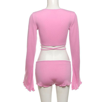 Long sleeve v neck cherry embroidery self tie pant set