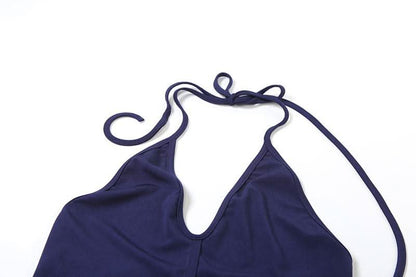 Halter self tie button ruched deep V neck midi skirt set