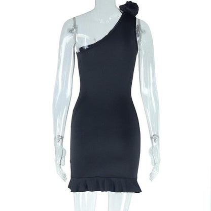 One shoulder irregular flower applique ruffle mini dress