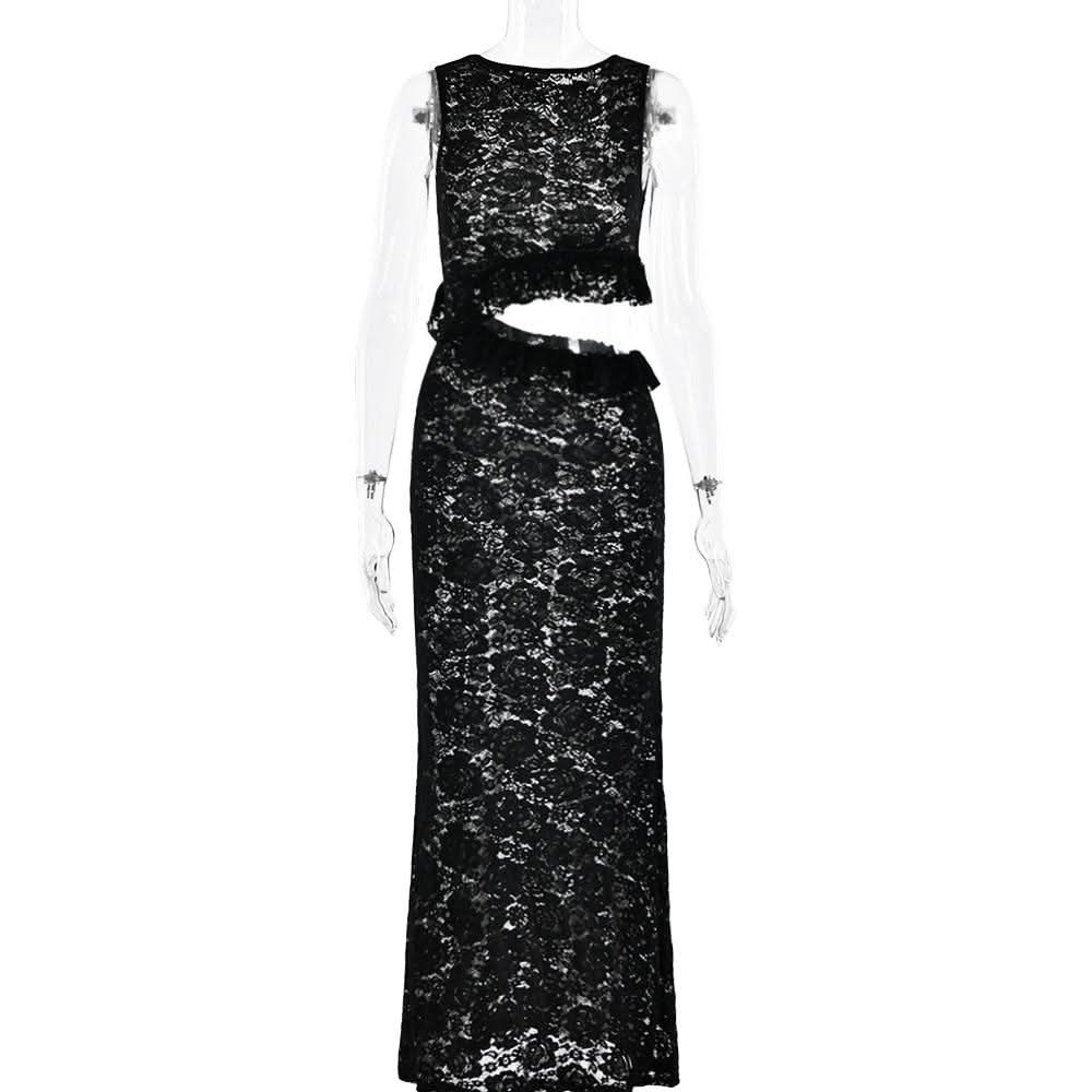 Crewneck hollow out lace ruched see through cut out maxi dress