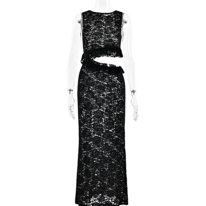 Crewneck hollow out lace ruched see through cut out maxi dress