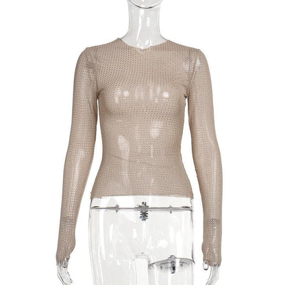 Long sleeve sheer mesh beaded crewneck top